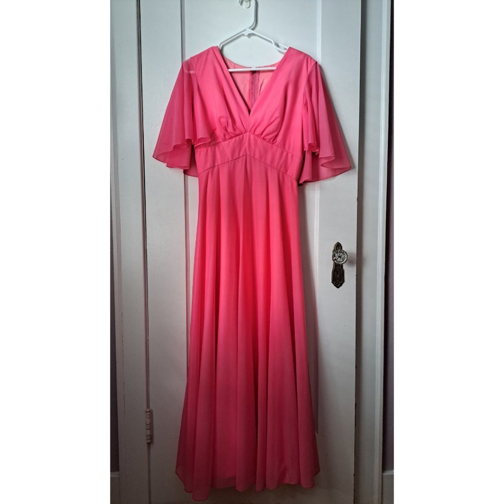 Pink 70s Long Flowy Empire Waist Dress Transparent Butterfly Sleeves Medium/6
